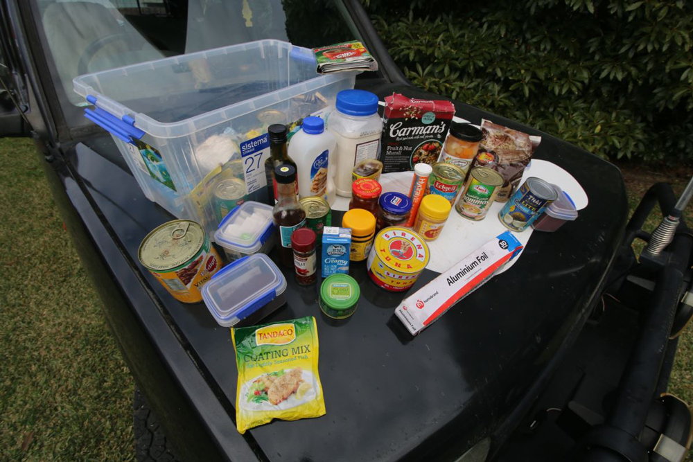 Bear's tuckerbox - showing all the caravan pantry essentials he always brings with him