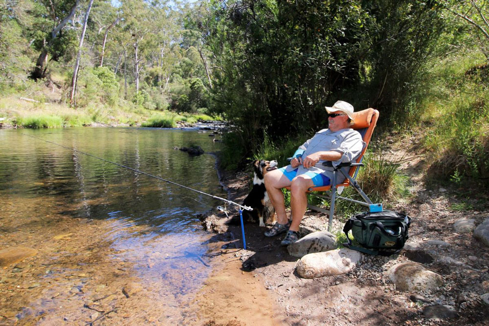 Comfortable camping chair fishing with dog